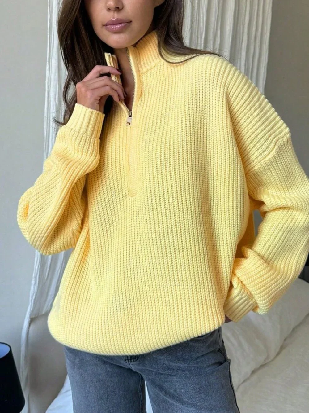 Yellow Women's Casual Stand Collar Pullover Long Sleeve Sweater